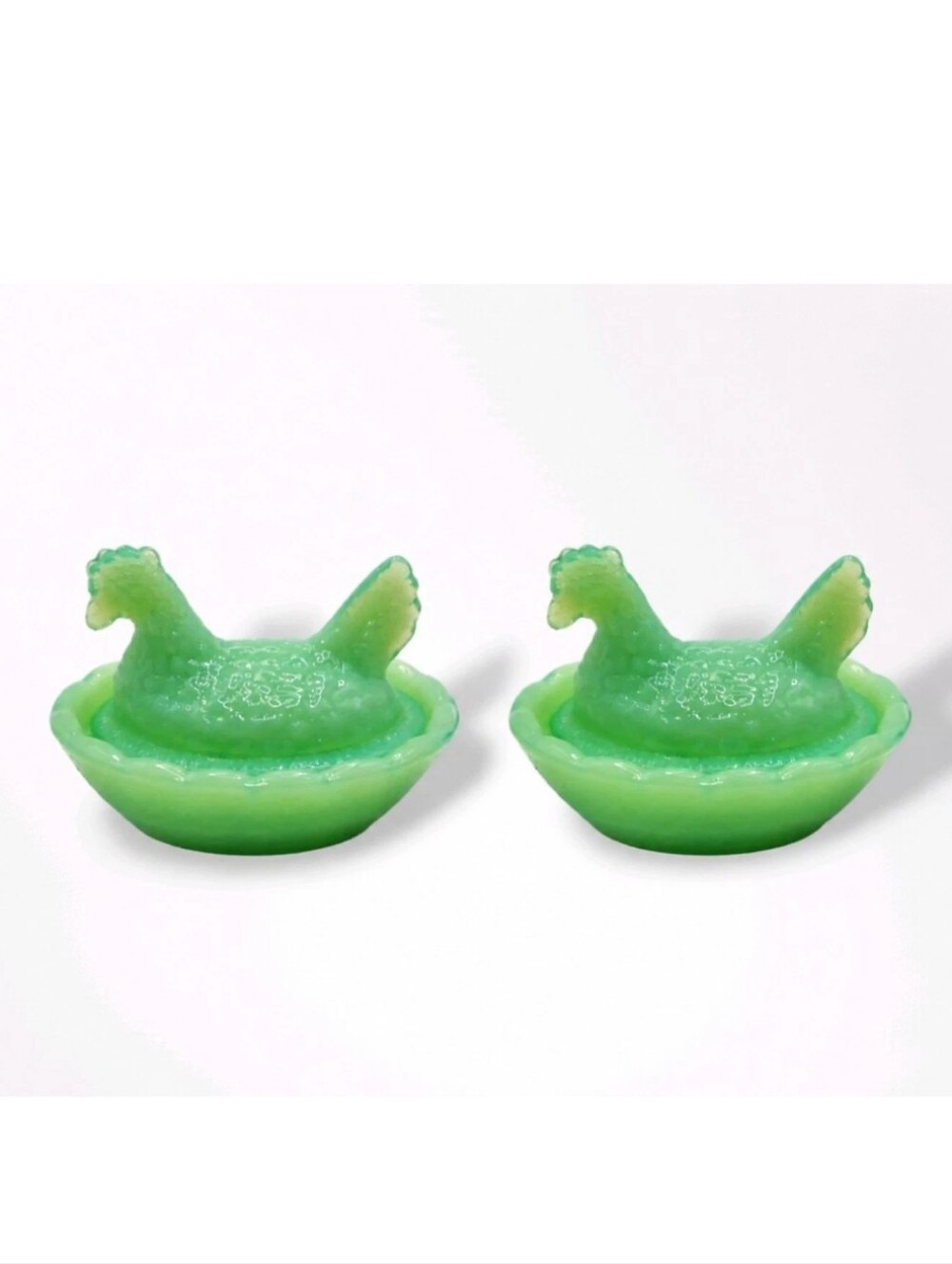 Vintage Green Glass Hen on Nest Salt Cellars - Pair